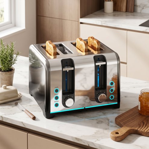 HOMCOM 4 Slice Toaster with 7 Browning Levels, Reheat, Defrost and Cancel Functions, Self-Centring Slots, Auto Shut-Off, Removable Crumb Tray, 1860W, Black