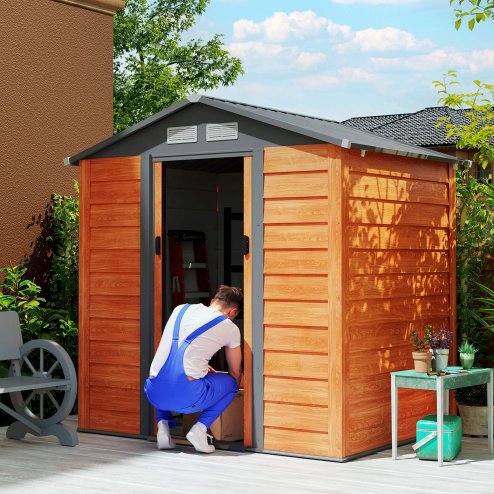 Outsunny 6.5 x 5ft Garden Shed, Metal Storage Tool House Gardening Tool Storage with Shutter Vents, Brown and Grey