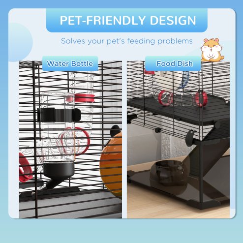 PawHut Large Hamster Cage, Gerbil Cage with Deep Glass Bottom, Tunnels, Non-Slip Ramps, Exercise Wheels, Water Bottle, Dish, 78.5 x 48.5 x 57cm