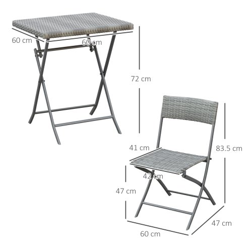 Outsunny 3 Pieces Folding Rattan Bistro Set, Garden Furniture Bistro Set with Folding Garden Table and Chairs, Wicker Balcony Furniture for Outdoor, Patio, Porch, Grey