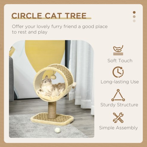 PawHut 56cm Small Cat Tree for Indoor Cats with Scratching Post, Kitten Tower with Tunnel, Toy Ball, Cushion - Beige