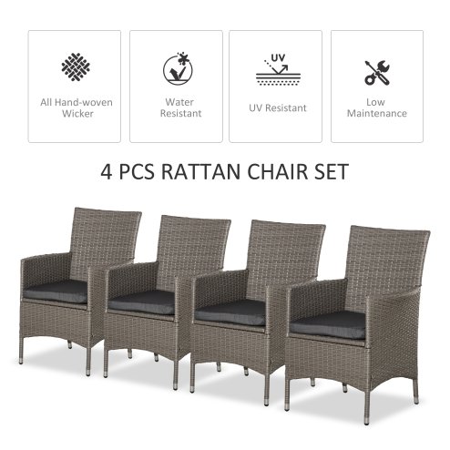 Outsunny 4 Pieces Outdoor PE Rattan Dining Chairs Set with Cushion, Garden Armchair with Armrests, High Backrest, Metal Frame Patio Wicker Furniture, Grey