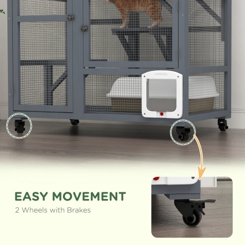 PawHut Cat Cage House, Catio Cat Indoor Enclosure on Wheels, Weather-Resistant Wooden Kitty Cage with Platforms, Hammock, Light Grey