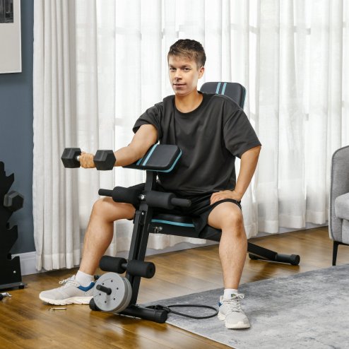 HOMCOM Foldable Weight Bench, Strength Training Sit Up Bench, Incline Decline Bench with 7-Level Backrest, Leg Extension Machine, Preacher Pad and Resistance Band for Home Gym Workout, Blue