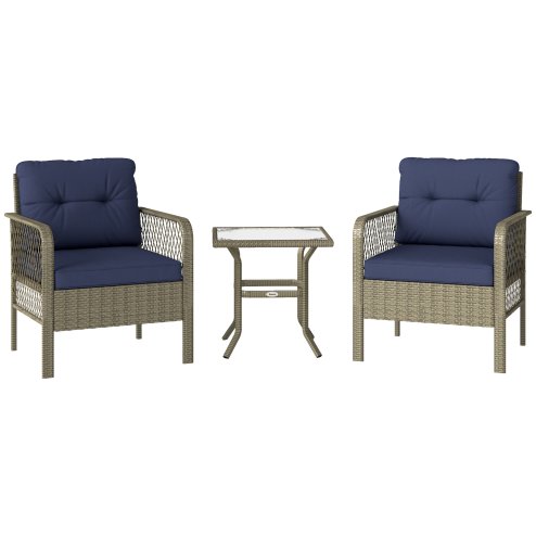 Outsunny 3 Pieces Rattan Bistro Set, Wicker Garden Furniture Set with Glass Top Coffee Table and Chairs, Thickened Cushions for Outdoor, Patio, Balcony, Charcoal Grey