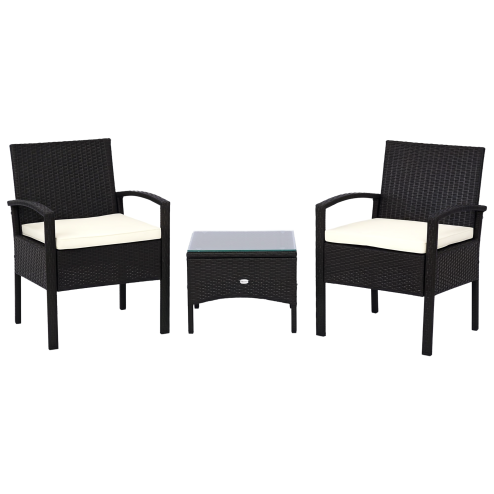 Outsunny 3 Pieces Rattan Bistro Set, Wicker Garden Furniture Set with Glass Top Coffee Table and Chairs, Washable Cushions for Outdoor, Patio, Balcony, Brown