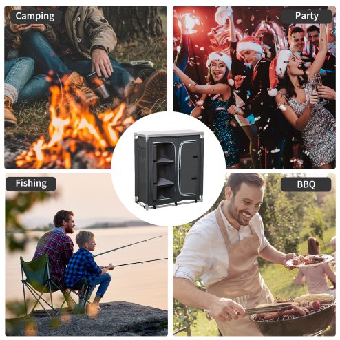 Outsunny Aluminum Camping Cupboard, Camping Kitchen Station Cook Table with 3-Shelf, Storage Organiser for BBQ Party Picnics Backyards with Carrying Bag