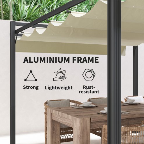 Outsunny 3 x 4m Pergola with Retractable Roof Canopy, Aluminium Frame Garden Gazebo Outdoor Sun Shade Shelter for Grill, Patio, Deck, Khaki