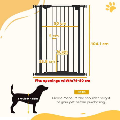 PawHut Extra Tall Dog Gate with Cat Flap, Pet Safety Gate for Doorways Stairs with Auto Close Double Locking, 104 cm Tall 74-80 cm Wide, Black