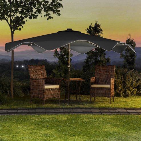 Outsunny 3(m) Garden Parasol Umbrella with 32 Solar LED Lights and Tilt, Outdoor Market Table Umbrella Sun Shade Canopy with Crank, 8 Ribs, Dark Grey