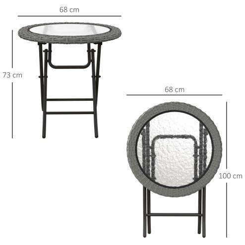 Outsunny Folding Rattan Garden Dining Table, 68 cm Round Rattan Garden Table with Water Ripple Tempered Glass Top, Wicker Edging  and Steel Frame for Outdoor, Patio, Grey