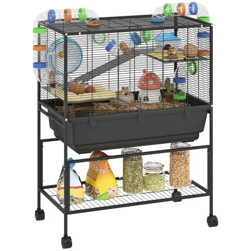 PawHut Hamster Cage, 3 Tier Large Gerbil Cage on Wheels with 17 cm Deep Tray, Storage Shelf, Big Exercise Wheel, Tube System, Hut, Platforms, Ramps, Food Dish, Water Bottle, for Syrian Hamsters, Rats