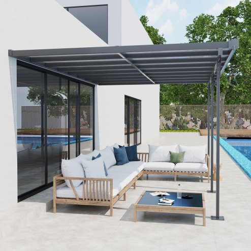Outsunny Outdoor Patio Wall-mounted 4.35 x 3(m) Gazebo Pergola, Aluminum Post, PC Roof