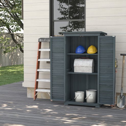 Outsunny Small Shed, Wooden Garden Storage Shed, 3 Shelves Outdoor Tool Shed Cabinet with Asphalt Roof and Shutter Doors, 87cm x 47cm x 160cm, Grey