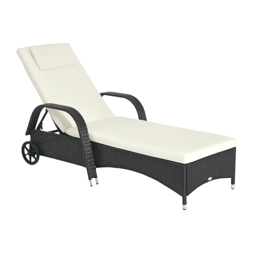Outsunny Rattan Sun Lounger, Garden Lounger Recliner with Wheels and Adjustable Backrest, Outdoor Reclining Sunbed Garden Chair with Cushion and Headrest for Patio, Beach, Terrace, Black
