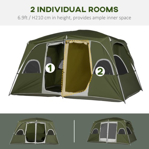Outsunny 2 Room Camping Tent, Family Tent 4-8 Person with Large Mesh Windows, Easy Set Up for Backpacking Hiking Outdoor, Green