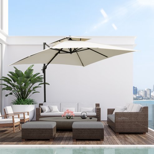Outsunny 2.7 x 2.7(m) Cantilever Parasol with Aluminium Frame, Crank and Tilt, 360-Degree Rotation, Double Top Garden Umbrella with Base and Cover, Beige