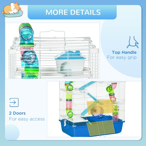 PawHut 5 Tier Hamster Cage, Gerbil Cage with Tube, Water Bottle, Exercise Wheel, Food Dish, 59L x 36W x 69H cm - Blue
