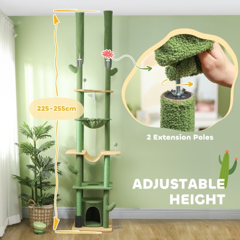 PawHut Floor to Ceiling Cat Tree, 225-255cm Adjustable Cat Tower Indoor, Multi-Level Activity Centre with Sisal Scratching Posts, Grooming Brush Post, Hammocks, Green