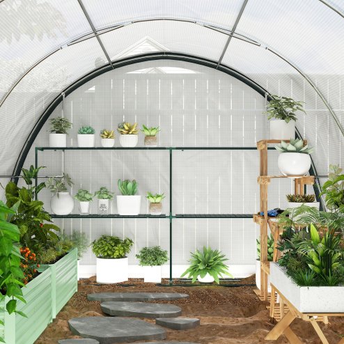 Outsunny 4 x 3(m) Walk-in Polytunnel Greenhouse with Upgraded Structure, Zipped Roll Up Mesh Door, 6 Mesh Windows, Tunnel Warm House Tent with PE Cover, 10 Plant Labels and Gloves, White