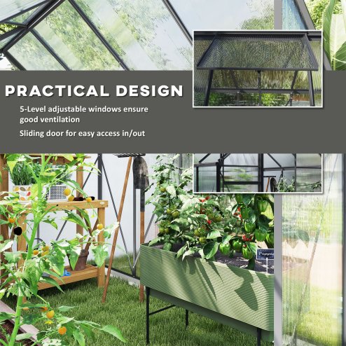 Outsunny 6 x 8ft Polycarbonate Greenhouse, Large Walk-In Greenhouse with Adjustable Roof Vent, Garden Green House with Galvanised Base, Sliding Door and Rain Gutter, Dark Grey