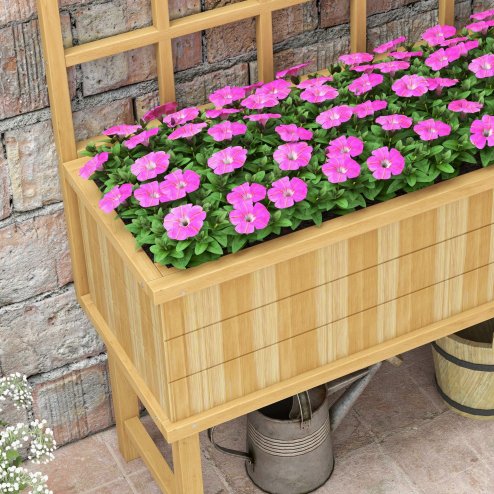 Outsunny Wooden Raised Planter with Trellis for Vine Climbing Plants, Elevated Garden Bed with Drainage Holes and Bed Liner for Vegetables, Flowers, Herbs, 105 x 45 x 140cm, Natural