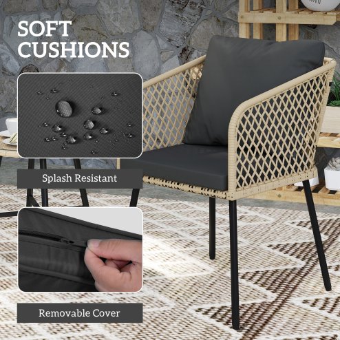 Outsunny 3 Piece Rattan Bistro Set, Patio Wicker Conversation Furniture Set with 2 Chairs, Tempered Glass Table, Cushions, Adjustable Foot Pads, for Garden, Balcony, Nature Wood Finish