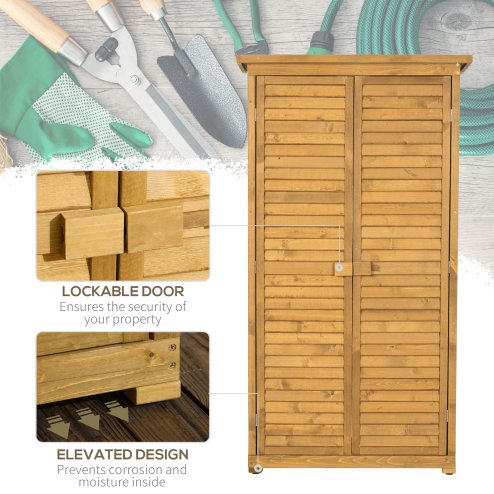 Outsunny Small Shed, Wooden Garden Storage Shed, 3 Shelves Outdoor Tool Shed Cabinet with Asphalt Roof and Shutter Doors, 87cm x 47cm x 160cm, Natural Wood Finish