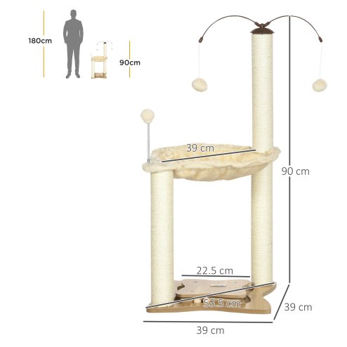 PawHut Cat Tree for Indoor Cats, Cat Scratching Post with Bed, Toy Ball, 53.5 x 53.5 x 90cm - Beige