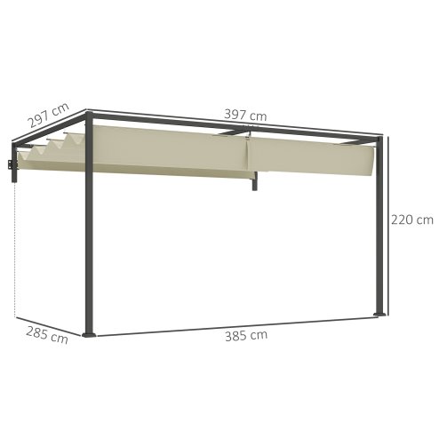 Outsunny 3 x 4m Lean To Pergola with Retractable Roof, Wall Mounted Garden Gazebo Outdoor Sun Shade Shelter for Patio, Deck, Khaki