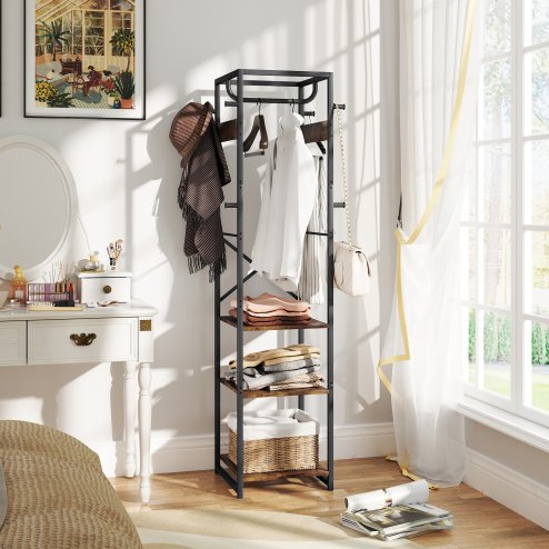 HOMCOM Coat Rack, Freestanding Coat Stand with 3 Shelves and 8 Hooks, Clothes Stand for Entryway, Hallway, Bedroom, 170 x 38.5 x 30 cm