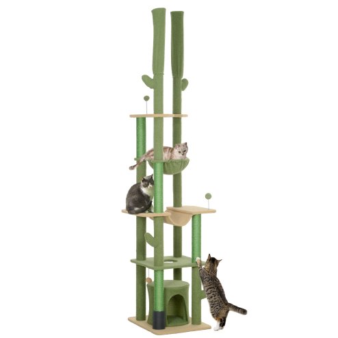 PawHut Floor to Ceiling Cat Tree, 225-255cm Adjustable Cat Tower Indoor, Multi-Level Activity Centre with Sisal Scratching Posts, Grooming Brush Post, Hammocks, Green