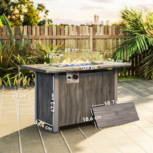 Outsunny Propane Gas Fire Pit Table for Garden, 50000 BTU Smokeless Firepit Outdoor Heater with Waterproof Cover, Glass Screen, Glass Beads and Lid, Wood Effect, 109 x 56 x 63cm, Dark Grey