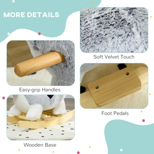 HOMCOM Husky Baby Rocking Horse for Toddlers, Plush Wooden Child Rocking Animal with Sound, Seatbelt, Gift for Ages 18-36 Months, Kids Ride-On Toy for Indoor Use - Grey