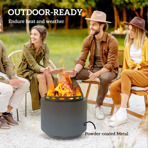 Outsunny Smokeless Fire Pit, 48.5cm Portable Wood Burning Firepit with Poker for Garden Camping Bonfire Party, Metal, Dark Grey