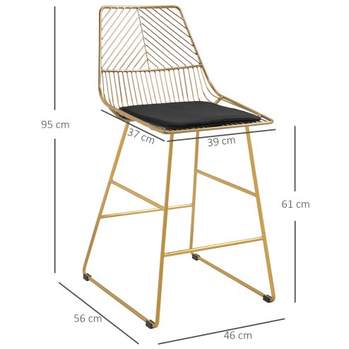 HOMCOM Set of 2 Bar Stools, Modern Counter Height Breakfast Bar Chairs with Wire Metal Frame for Kitchen, Dining Room, Gold