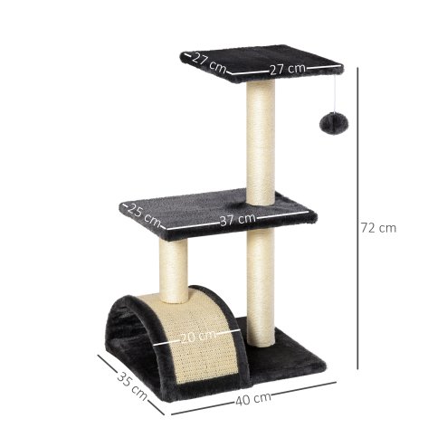 PawHut Cat Tree Tower for Indoor Cats, 72cm Climbing Activity Centre w/ Sisal Scratching Post, Pad, Arc Perch, Hanging Ball, Toy - Black