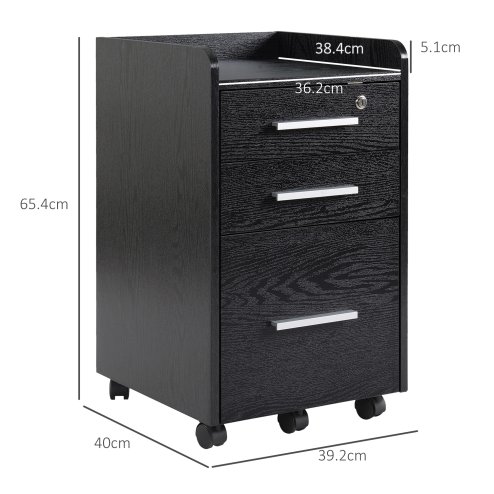 HOMCOM 3 Drawer Filing Cabinet with Lock and Edged Top, Lockable Filing Cabinet on Wheels with Hanging Bars for Letter and A4 Size, Black
