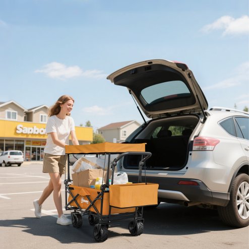 Outsunny 120L Festival Trolley on Wheels, Folding Camping Trolley Cart with Removable Canopy, All-Terrain Wheels, Adjustable Handle and Side Pockets for Garden Beach Fishing Shopping, Orange