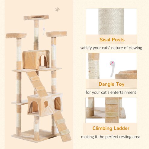 PawHut Cat Tree for Indoor Cats, 173 cm Cat Tower Scratching Post, Tall Climbing Tower, Activity Centre House, Cream