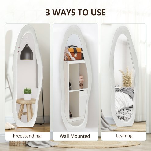 HOMCOM Irregular Wavy Mirror Full Length 160x50cm, Arched Floor Standing Mirror, Leaning or Wall Mounted, Velvet Wrapped Floor Mirror for Bedroom, Living Room, White