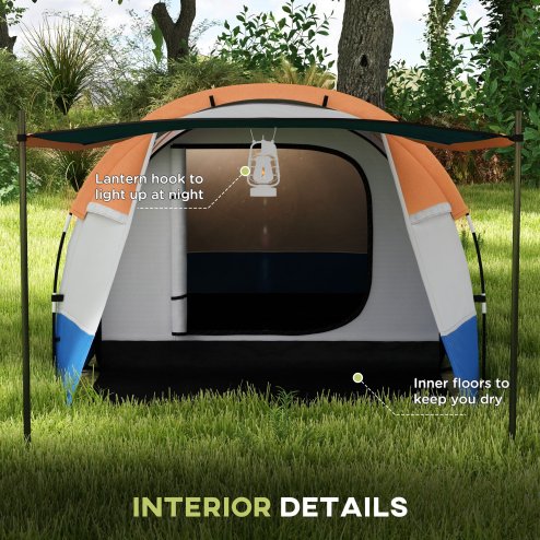 Outsunny 2-3 Man Camping Tent, Tunnel Tent with Weights, Bedroom and Living Room, 2000mm Waterproof, Portable with Bag, for Fishing Hiking Festival, Orange