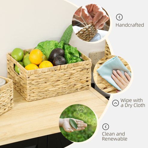 HOMCOM Set of 3 Wicker Storage Baskets, Woven Baskets with Handles, for Organizing, Storage Boxes for Shelves, Bedroom, Living Room, Bathroom, Natural Tone