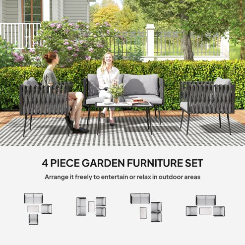 Outsunny 4 Piece Outdoor Garden Furniture Set with Cushions, 4 Seater Garden Sofa Set with Loveseat, Armchairs and Faux Marble Top Table, Outdoor Furniture Set for Patio, Conservatory, Light Grey
