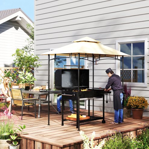 Outsunny 2.4 x 1.5 m (8' x 5') Grill Gazebo Canopy with LED Lights, Double Tiered Outdoor BBQ Gazebo Shelter with 2 Side Shelves, Storage Basket and Hooks for Garden, Barbecue, Picnic, Beige