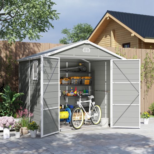Outsunny 8 x 6ft Plastic Garden Storage Shed with Foundation Kit, Polypropylene Outdoor Storage Tool House with Ventilation Slots and Lockable Door, Light Grey