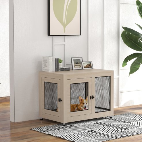 PawHut Dog Crate Furniture End Table w/ Soft Washable Cushion, Two Doors, Indoor Pet Kennel for Small Medium Large Dogs w/ Wire Mesh, Oak
