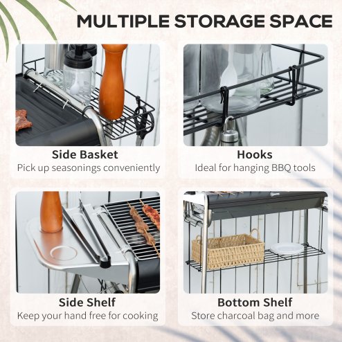 Outsunny Portable Charcoal Barbecue BBQ Grill with Griddle Plate, Easy Assembly, Stainless Steel Cooker with Seasoning Baskets, Storage Shelves and Hooks for Camping Picnic Hiking Garden Party