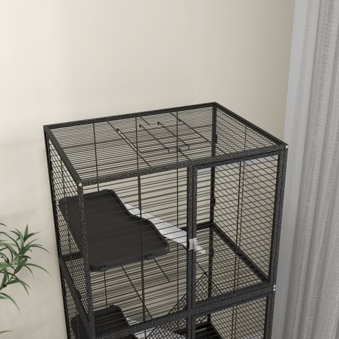 PawHut Ferret Cage Rolling Small Animal Cage 4 Levels Pet Cage 136cm Height for Chinchillas, Squirrels with 3 Doors, Storage Shelf, Tray, Bowl, Water Bottle, Ramps - Charcoal Grey