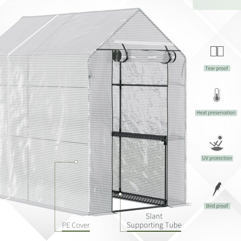 Outsunny Walk In Greenhouse with 2-Tier Shelves, Roll up Zip Panel Door, Garden Polytunnel Steeple Grow House for Outdoor, 6 x 4 x 6ft White